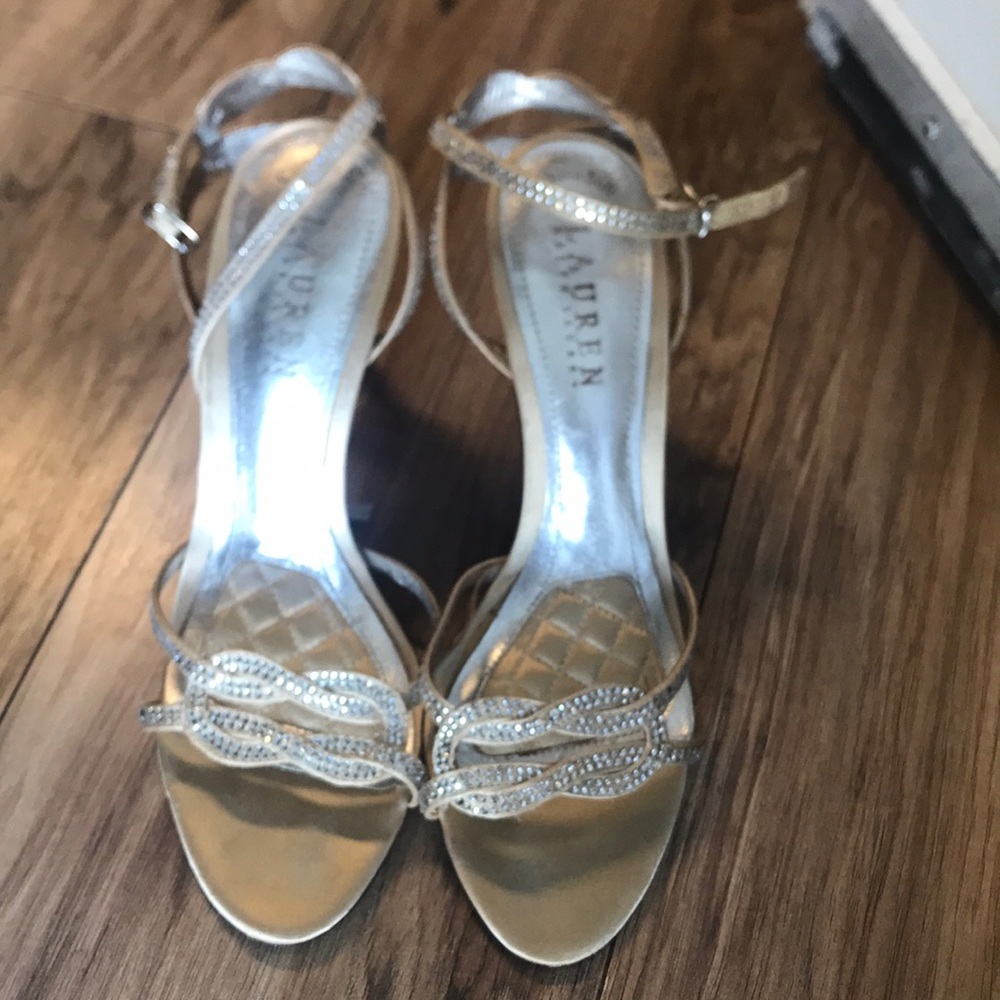 Women’s soft cushioned Ralph Lauren gold with silver jewels heels